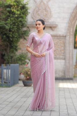 Baby Pink Embroidered Tussar Silk Bollywood Sarees With Blouse 1