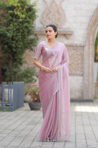 Baby Pink Embroidered Tussar Silk Bollywood Sarees With Blouse