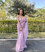 Elora Pure Organza Silk Paisley Embroidered Bollywood Lace Border Saree (Lavender)