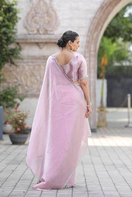 Baby Pink Embroidered Tussar Silk Bollywood Sarees With Blouse 2