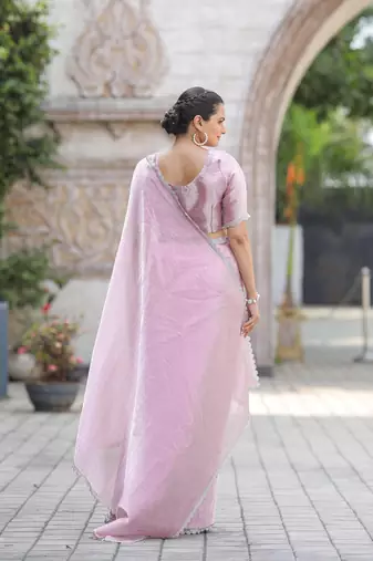 Baby Pink Embroidered Tussar Silk Bollywood Sarees With Blouse