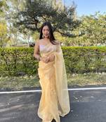 Elora pure organza silk paisley embroidered bollywood lace border saree (yellow)