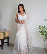 Elora Pure Organza Silk Floral Print Party Wear Bollywood Saree (White)