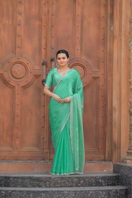 Sea Green Embroidered Tussar Silk Bollywood Sarees With Blouse 1