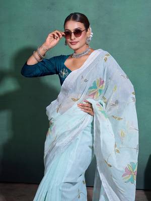 Sea Green Printed Linen Bollywood Sarees With Blouse 2