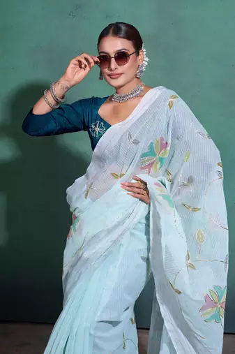 Sea Green Printed Linen Bollywood Sarees With Blouse