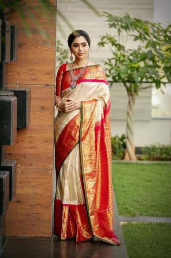 Off-White Banarasi Silk Zari Woven Saree for Wedding