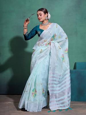 Sea Green Printed Linen Bollywood Sarees With Blouse 3