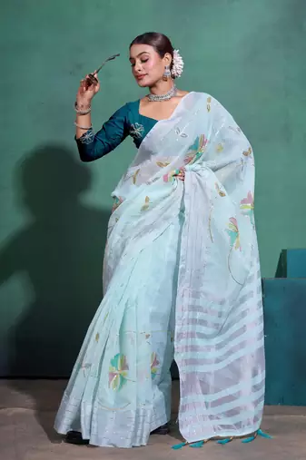Sea Green Printed Linen Bollywood Sarees With Blouse