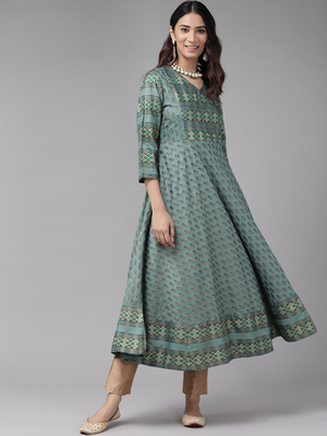 Women'S Rayon Floral Print Anarkali Kurta (Green) 1