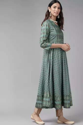 Women'S Rayon Floral Print Anarkali Kurta (Green)