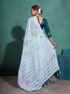 Sea Green Printed Linen Bollywood Sarees With Blouse 4