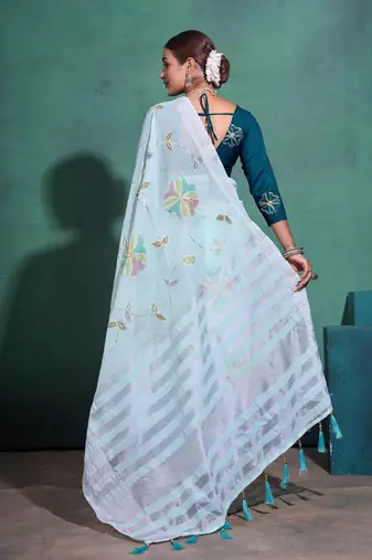 Sea Green Printed Linen Bollywood Sarees With Blouse