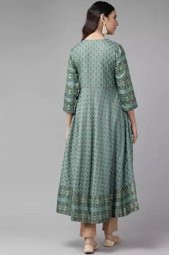 Women'S Rayon Floral Print Anarkali Kurta (Green)
