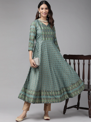 Women'S Rayon Floral Print Anarkali Kurta (Green) 5