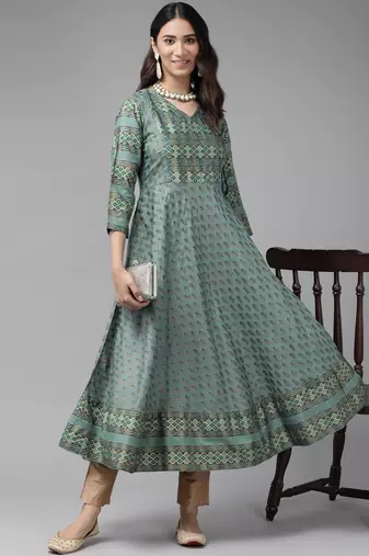 Women'S Rayon Floral Print Anarkali Kurta (Green)