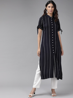 Women'S Rayon Stripe Printed Straight Kurta (Blue) 1