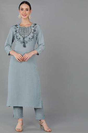 Women blue plain silk ethnic kurti