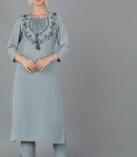 Women blue plain silk ethnic kurti