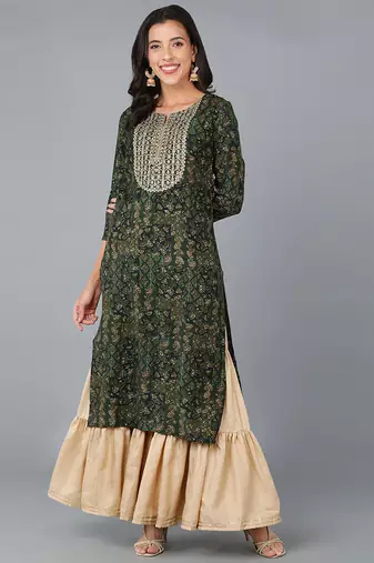 Women green printed silk ethnic kurti