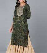 Women green printed silk ethnic kurti