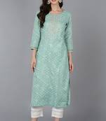 Women green embroidered silk ethnic kurti
