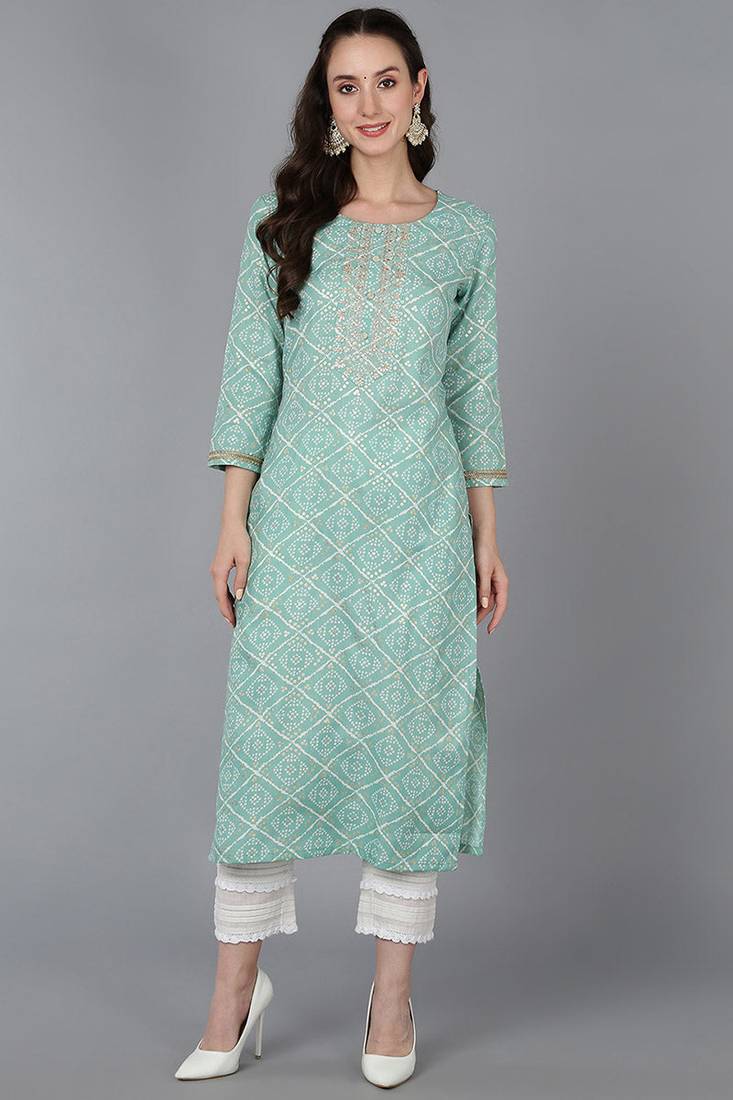 Women green embroidered silk ethnic kurti