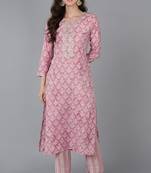 Women pink embroidered silk ethnic kurti