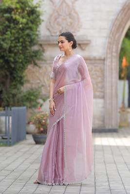 Baby Pink Embroidered Tussar Silk Bollywood Sarees With Blouse 3