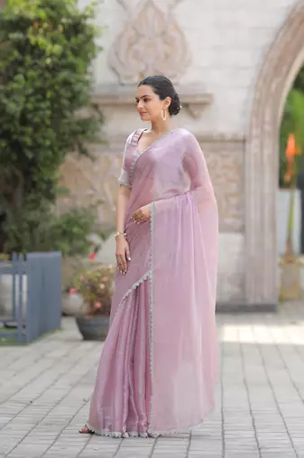 Baby Pink Embroidered Tussar Silk Bollywood Sarees With Blouse