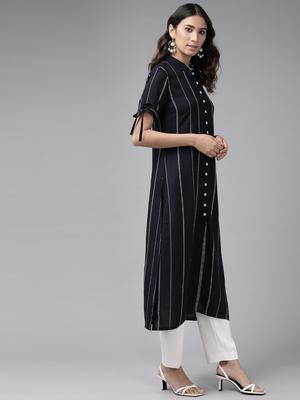 Women'S Rayon Stripe Printed Straight Kurta (Blue) 3