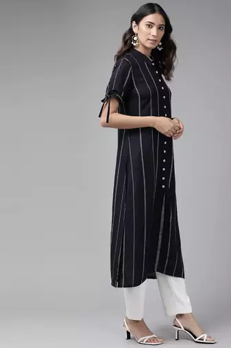 Women'S Rayon Stripe Printed Straight Kurta (Blue)