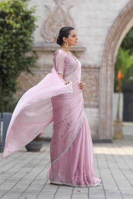 Baby Pink Embroidered Tussar Silk Bollywood Sarees With Blouse 4