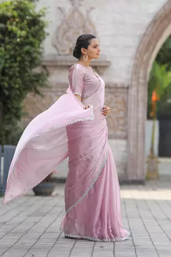 Baby Pink Embroidered Tussar Silk Bollywood Sarees With Blouse
