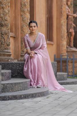 Baby Pink Embroidered Tussar Silk Bollywood Sarees With Blouse 5