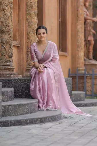 Baby Pink Embroidered Tussar Silk Bollywood Sarees With Blouse