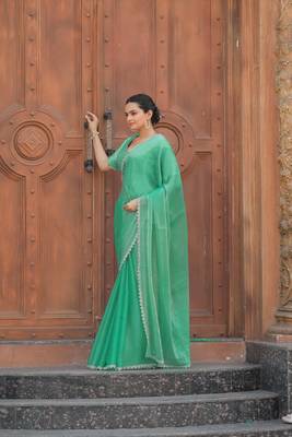 Sea Green Embroidered Tussar Silk Bollywood Sarees With Blouse 3