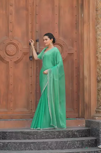Sea Green Embroidered Tussar Silk Bollywood Sarees With Blouse