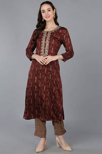 Women maroon embroidered silk ethnic kurti