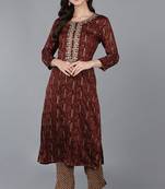 Women maroon embroidered silk ethnic kurti
