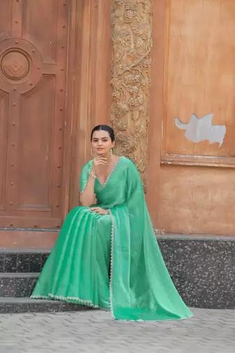 Sea Green Embroidered Tussar Silk Bollywood Sarees With Blouse