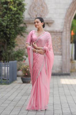 Pink Embroidered Tussar Silk Bollywood Sarees With Blouse 1