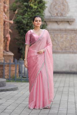 Pink Embroidered Tussar Silk Bollywood Sarees With Blouse 3