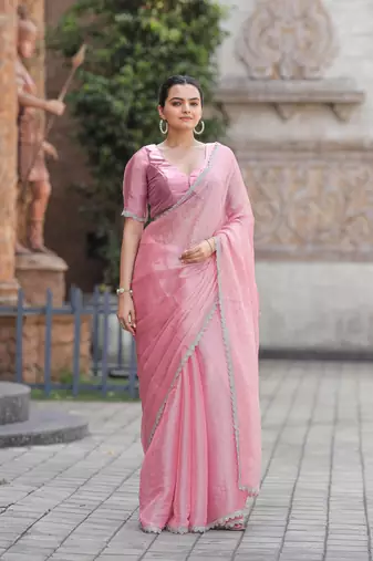 Pink Embroidered Tussar Silk Bollywood Sarees With Blouse