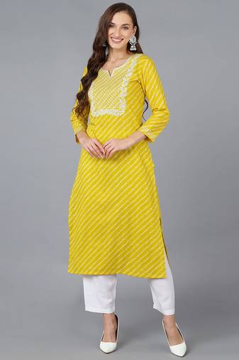 Women yellow embroidered cotton ethnic kurti