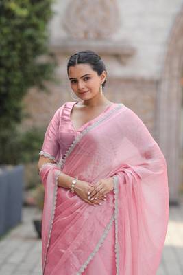 Pink Embroidered Tussar Silk Bollywood Sarees With Blouse 4