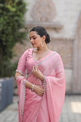 Pink Embroidered Tussar Silk Bollywood Sarees With Blouse 5