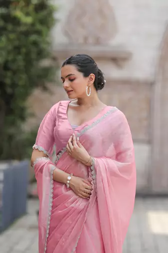 Pink Embroidered Tussar Silk Bollywood Sarees With Blouse
