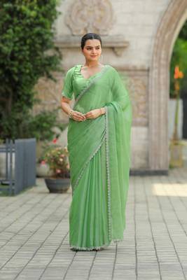 Green Embroidered Tussar Silk Bollywood Sarees With Blouse 1