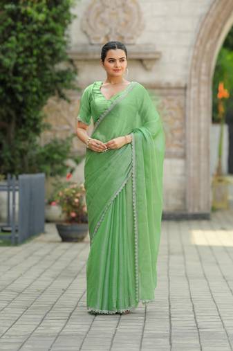 Green Embroidered Tussar Silk Bollywood Sarees With Blouse